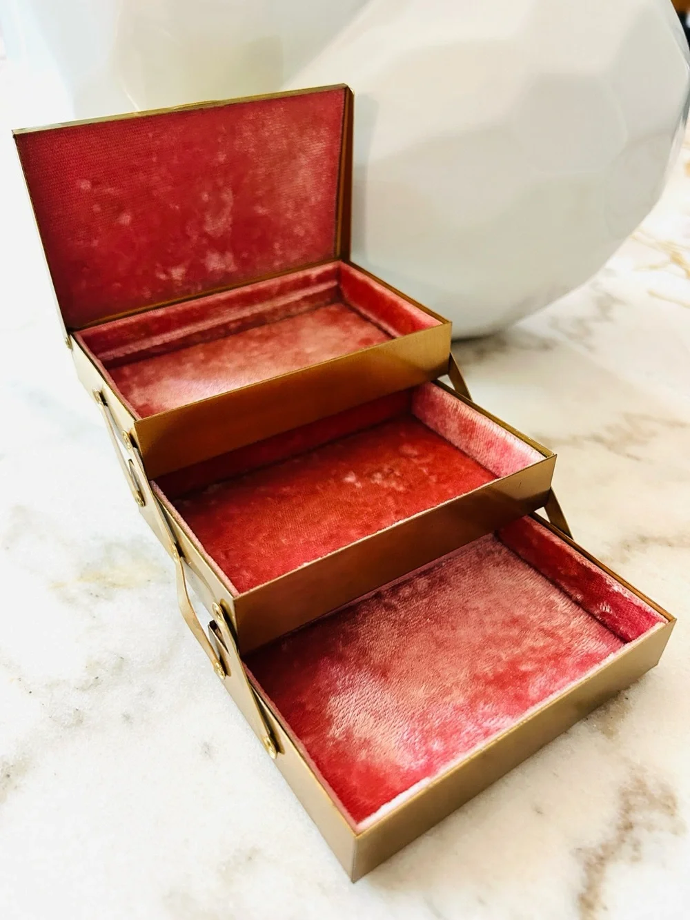 Vintage Brass & Velvet Three-Tier Jewelry Box- Mid-Century Storage Velvet Box